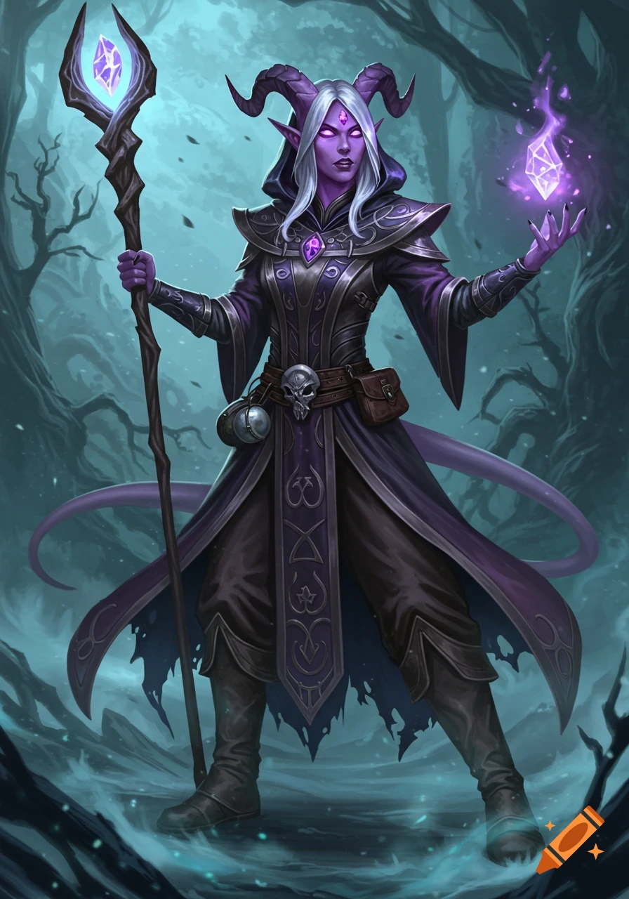 A purple-skinned Tiefling Warlock with white hair and horns, in black and purple robes, holds a staff while conjuring magic in a dark forest.
