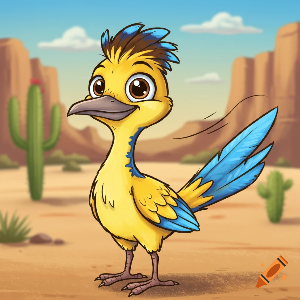 A vibrant cartoon roadrunner with yellow feathers and blue accents stands in a sunny desert landscape with cacti and mountains.