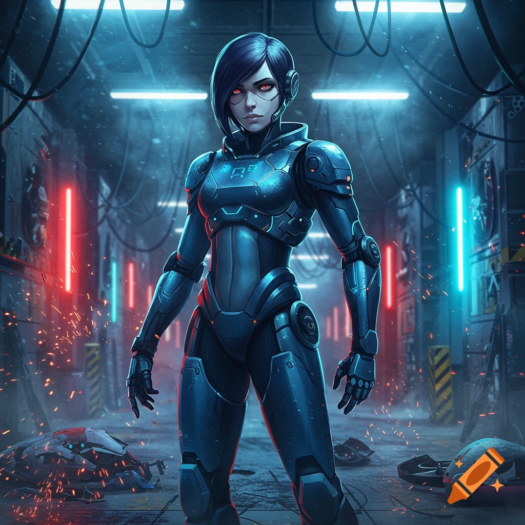 A female robot with dark hair and red eyes stands in a blue metallic suit in a dark, neon-lit sci-fi corridor with sparks.