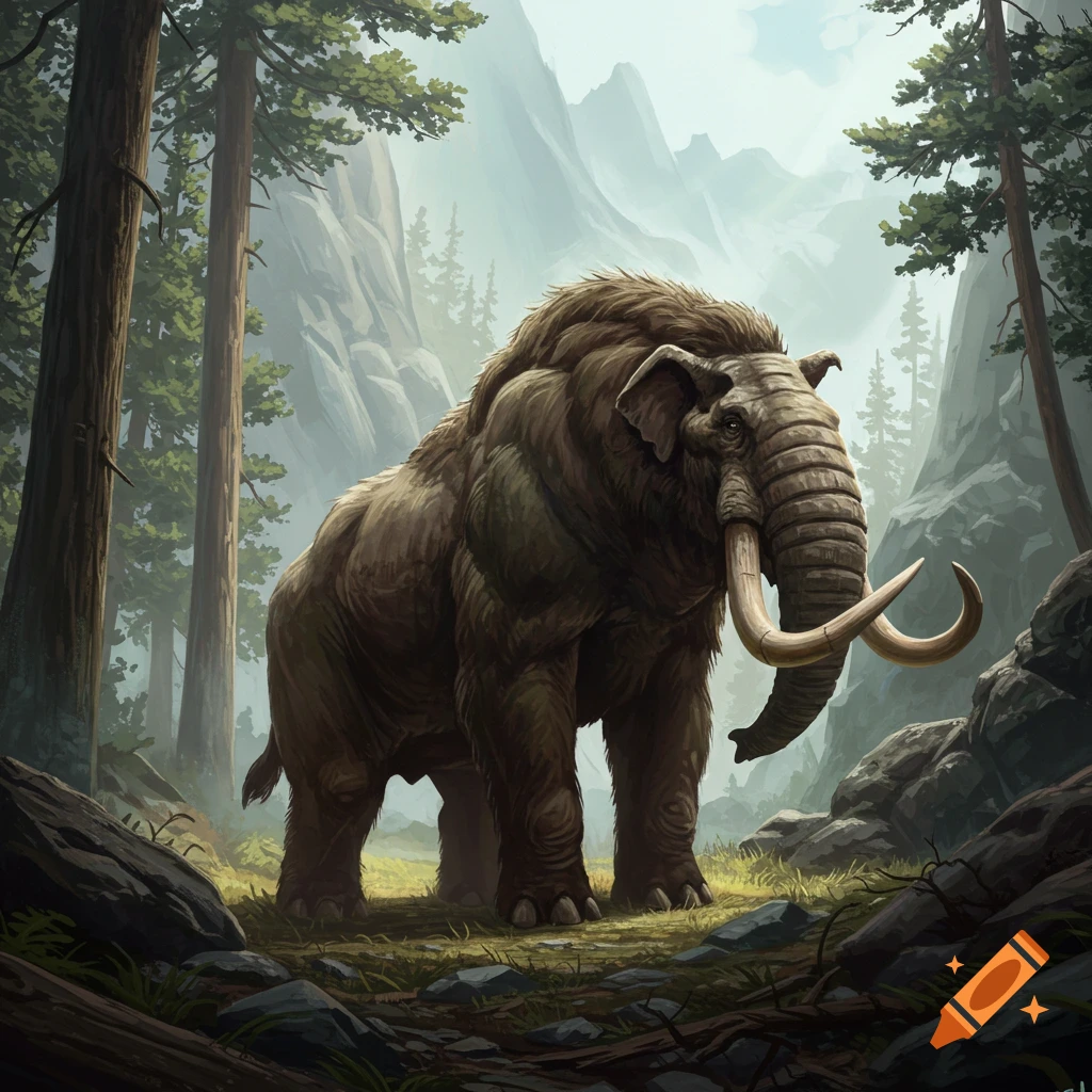A large, hairy, elephant-like creature with thick tusks stands in a misty forest clearing surrounded by tall trees and rocks.