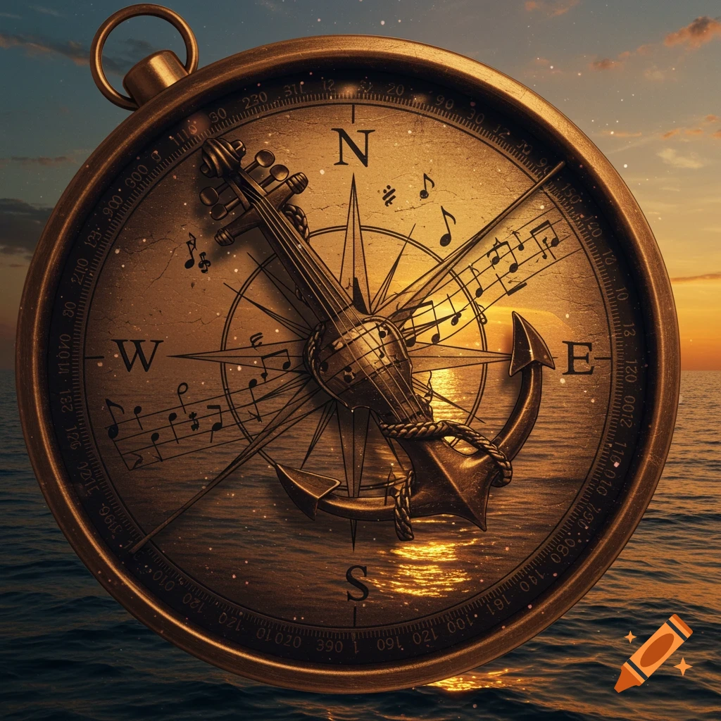 Bronze compass with a violin-like instrument and an anchor on its face, set against an ocean sunset with musical notes.