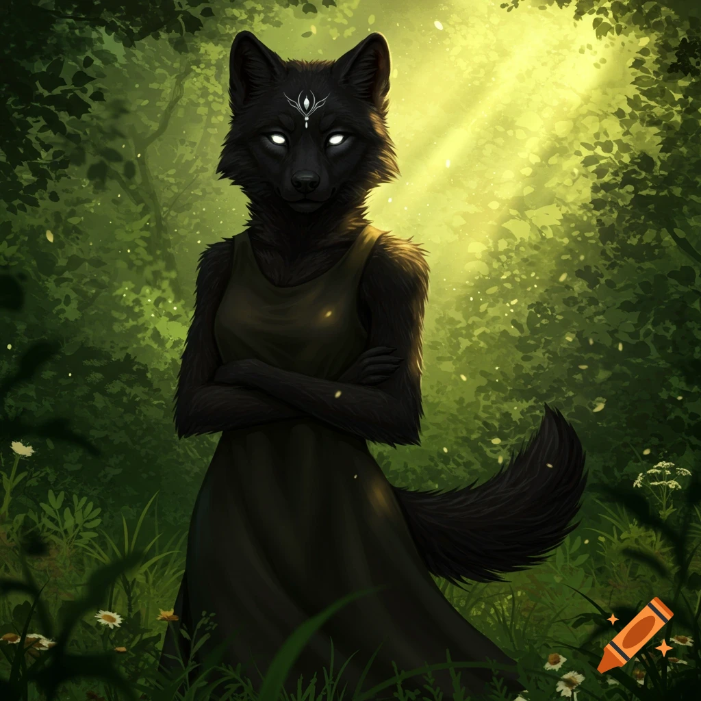 A black anthropomorphic wolf with glowing white eyes stands with crossed arms in a sunlit green forest.