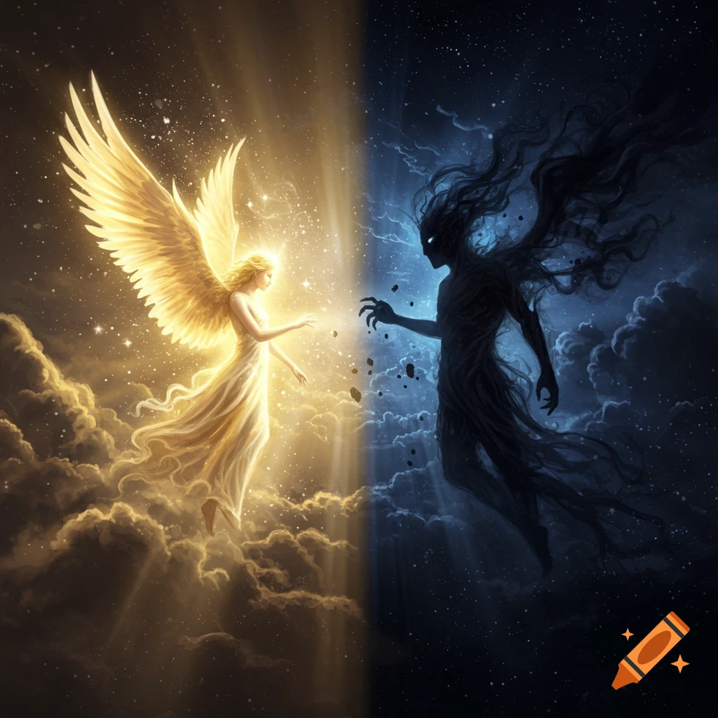 A radiant angel on a golden, cloudy side faces a dark, shadowy figure on a stormy, starry side, representing light versus darkness.