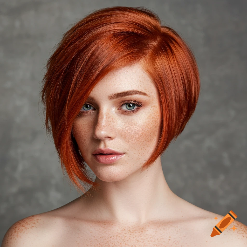 A close-up portrait of a woman with short, bright red, asymmetrical bob hair and freckles looking directly at the viewer.