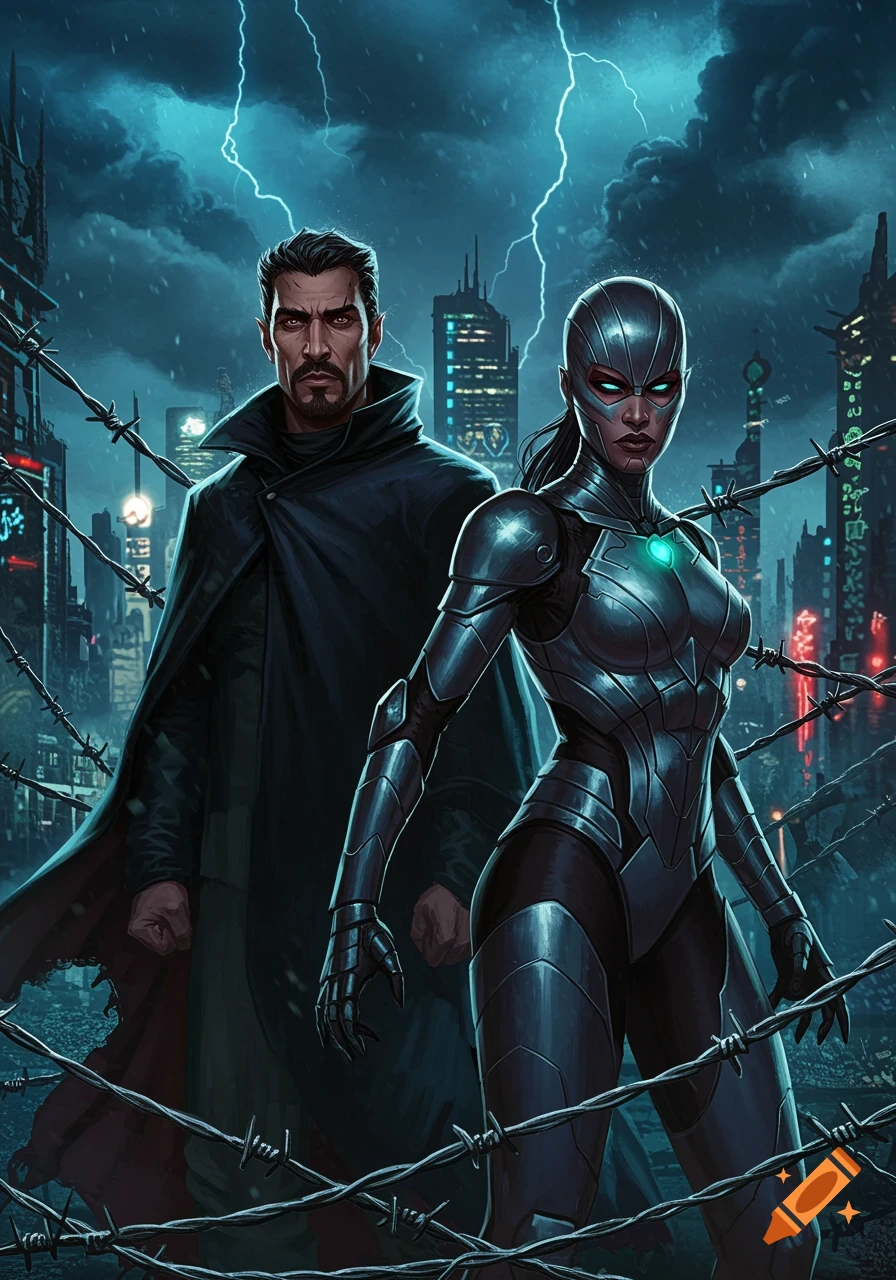 A man in a trench coat and a woman in futuristic armor stand in a stormy, dark city with barbed wire in the foreground.
