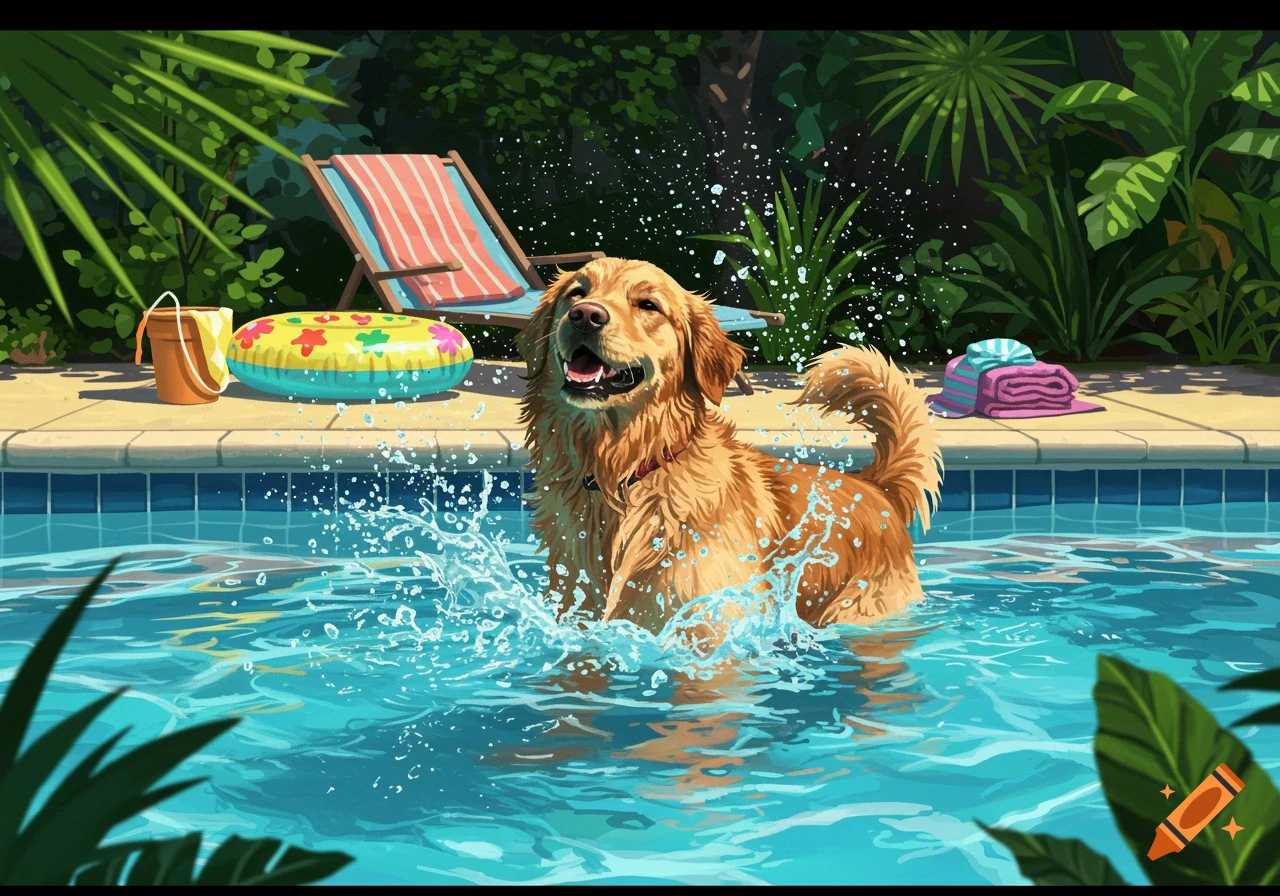 A happy golden retriever splashes in a blue swimming pool, with a lounge chair and tropical plants in the background.