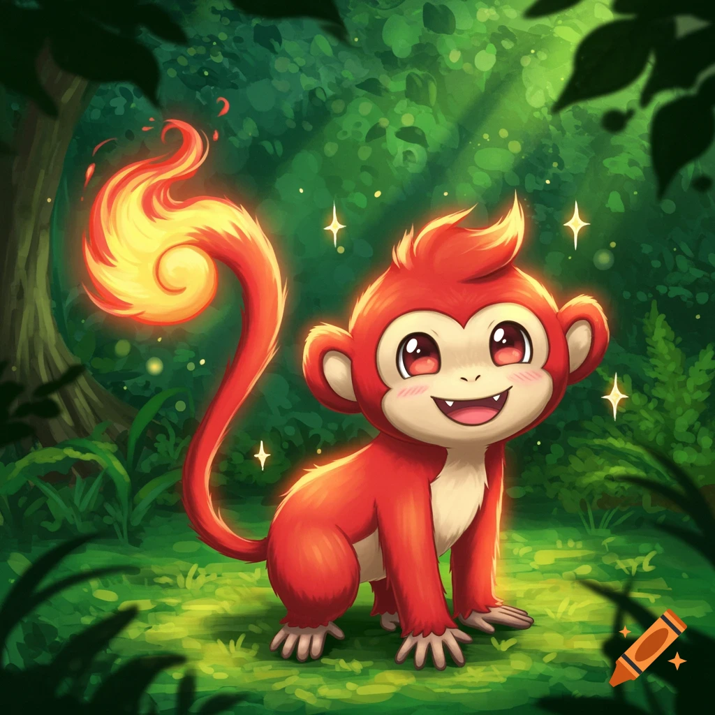 A happy, red, fiery monkey with a flaming tail and sparkles around it, in a lush green forest, in Pokemon style.