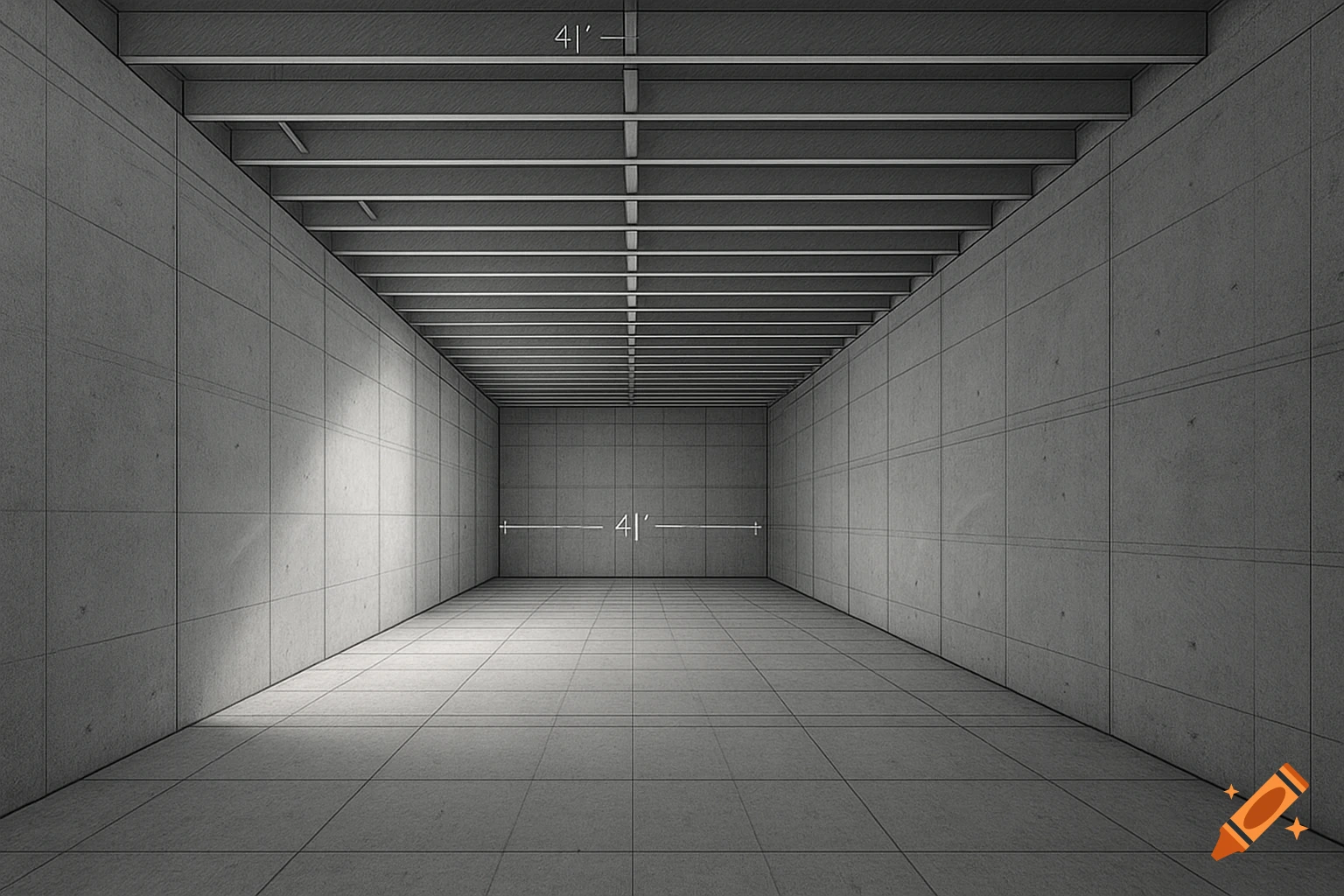 A diagram of an empty concrete basement with "41'" measurements on the walls and ceiling, showing exposed beams.