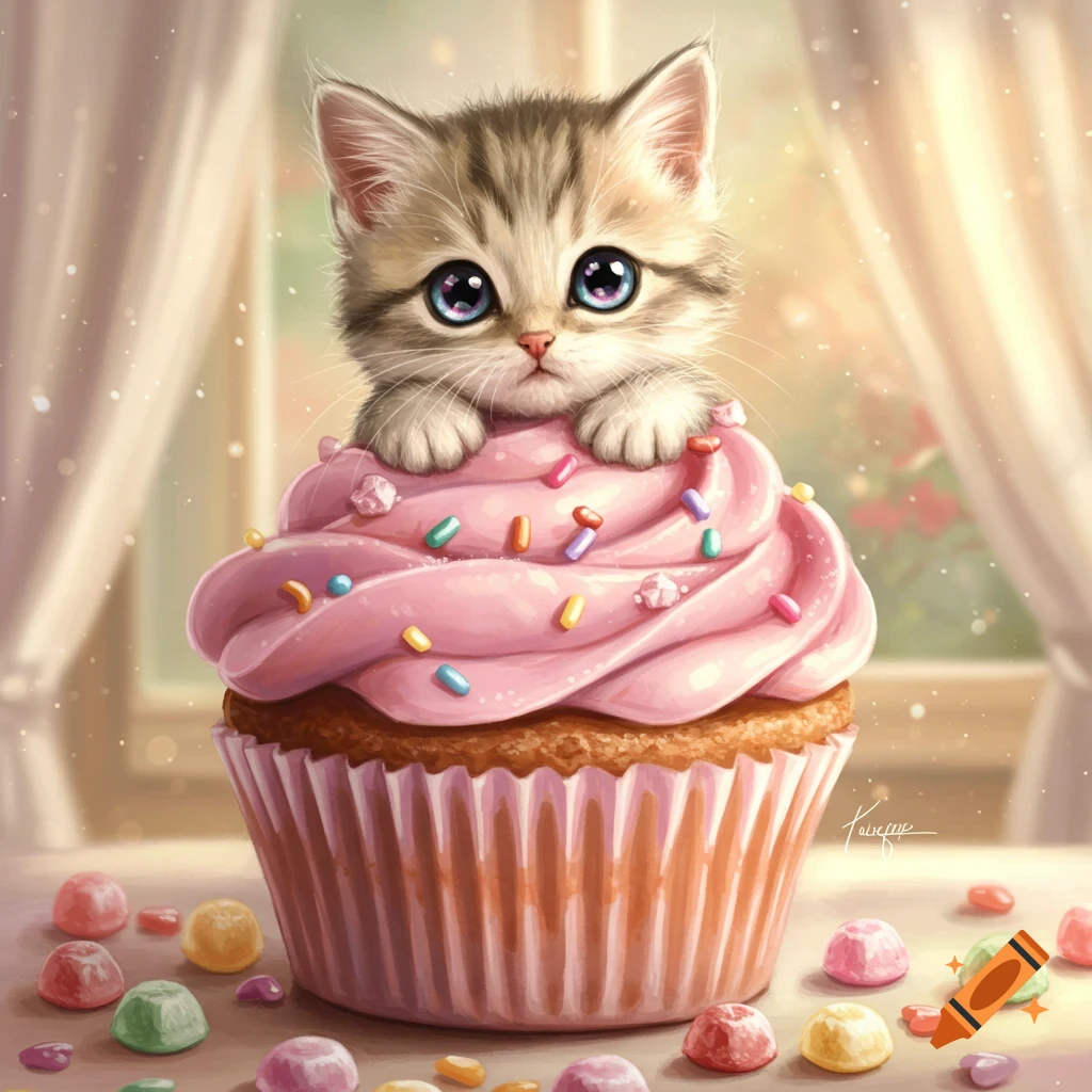 A cute kitten with large blue eyes peeking out of a pink-frosted cupcake with sprinkles, surrounded by candies.
