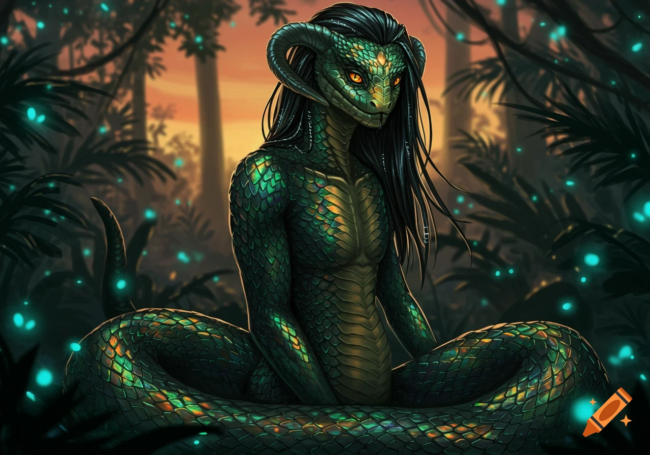 A green scaled snake person with horns and long dark hair sits in a glowing jungle at sunset.