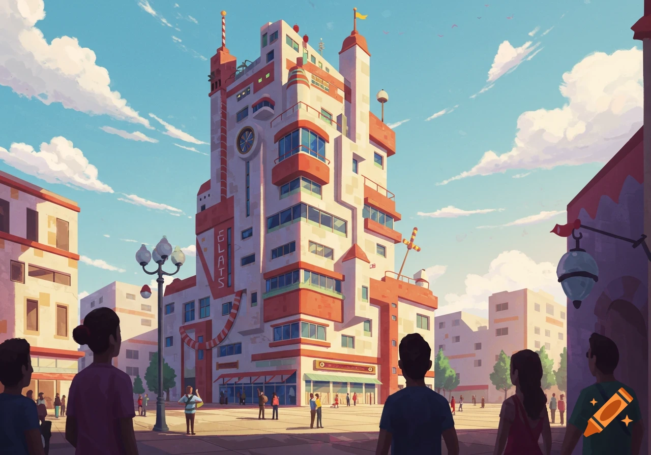 Illustrative scene of a vibrant, postmodern building in a bustling city square under a bright blue sky.