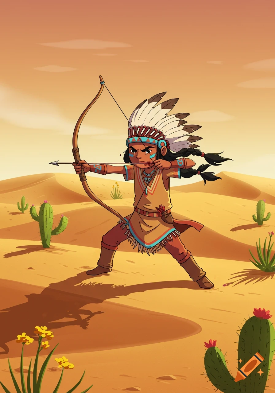 Cartoon child dressed as a Native American, holding a bow and arrow, standing in a desert landscape.