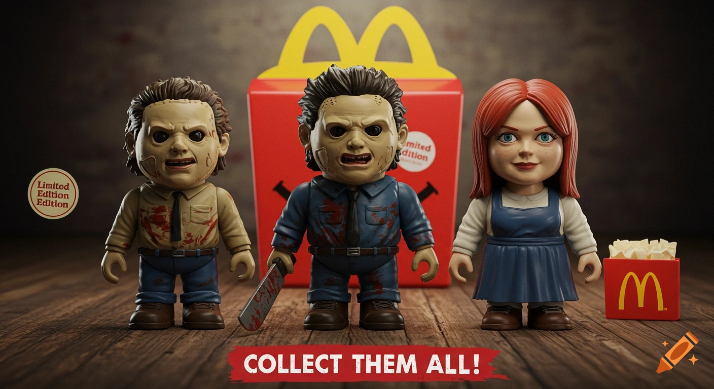 Stylized horror character toy figurines on a wooden surface in front of a McDonald's Happy Meal box, with a McDonald's fries box next to one figurine. Text reads "COLLECT THEM ALL!".