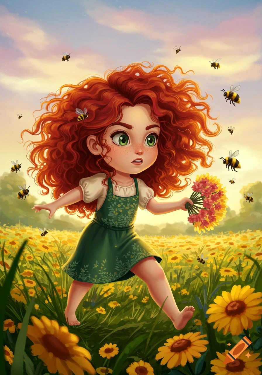 An animated girl with red curly hair runs through a yellow flower field, carrying a bouquet, as bumblebees fly around her.