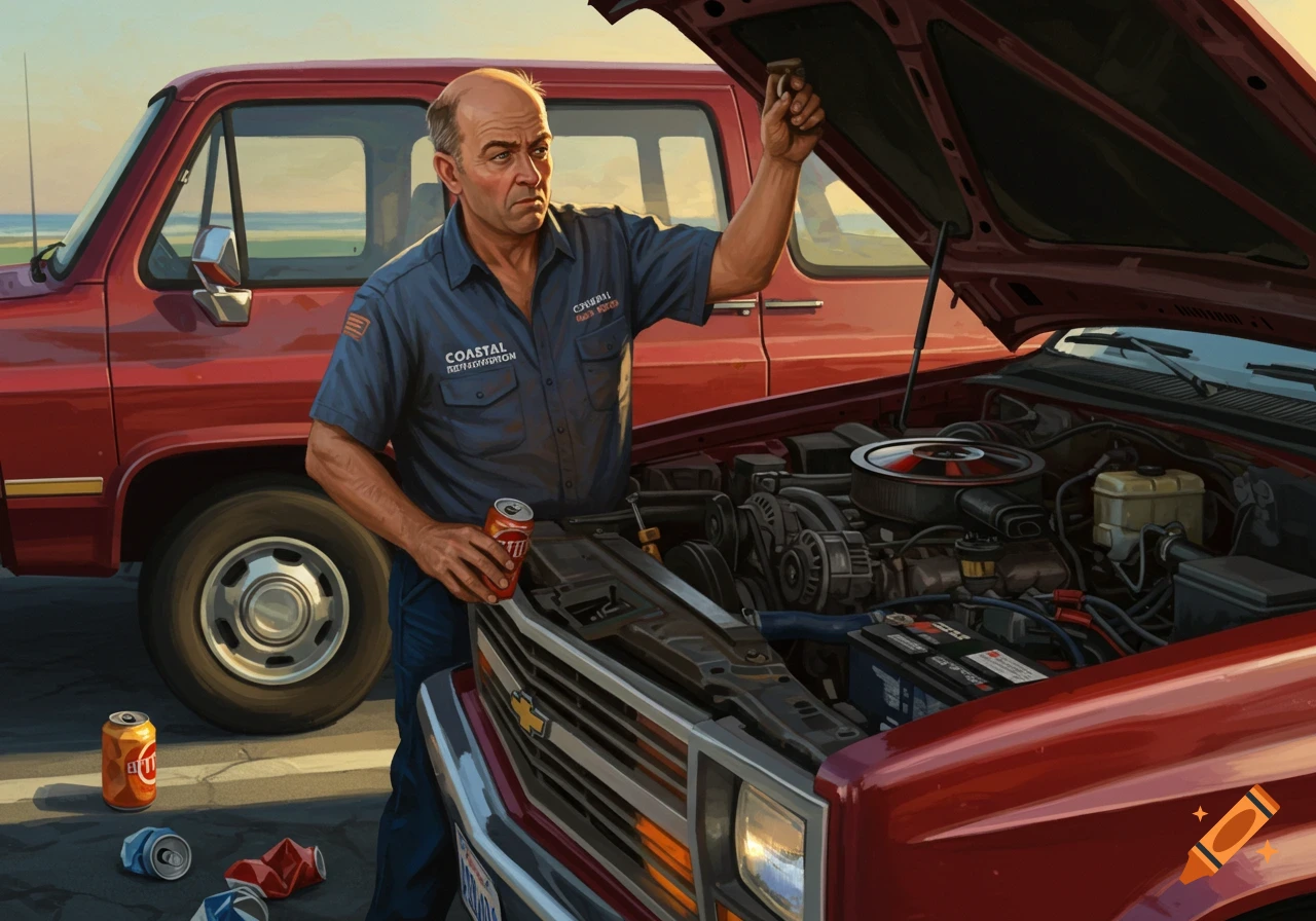 A bald man in a blue work shirt inspects the engine of a maroon pickup truck with the hood open. Empty and full soda cans are on the ground.