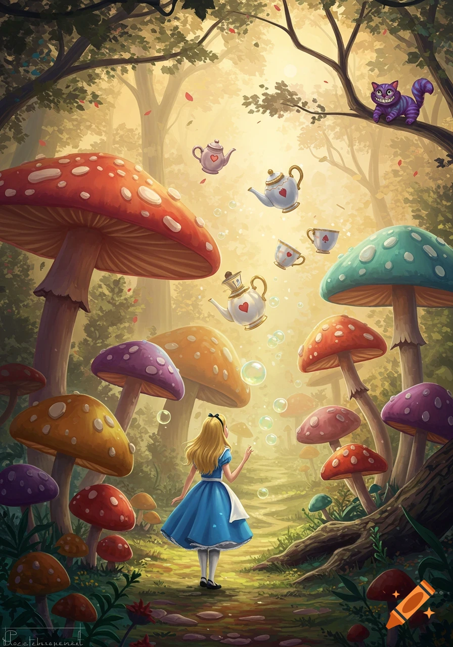 Alice in Wonderland in a mystical forest with giant colorful mushrooms, floating teapots, and the Cheshire Cat on a branch, digital illustration.