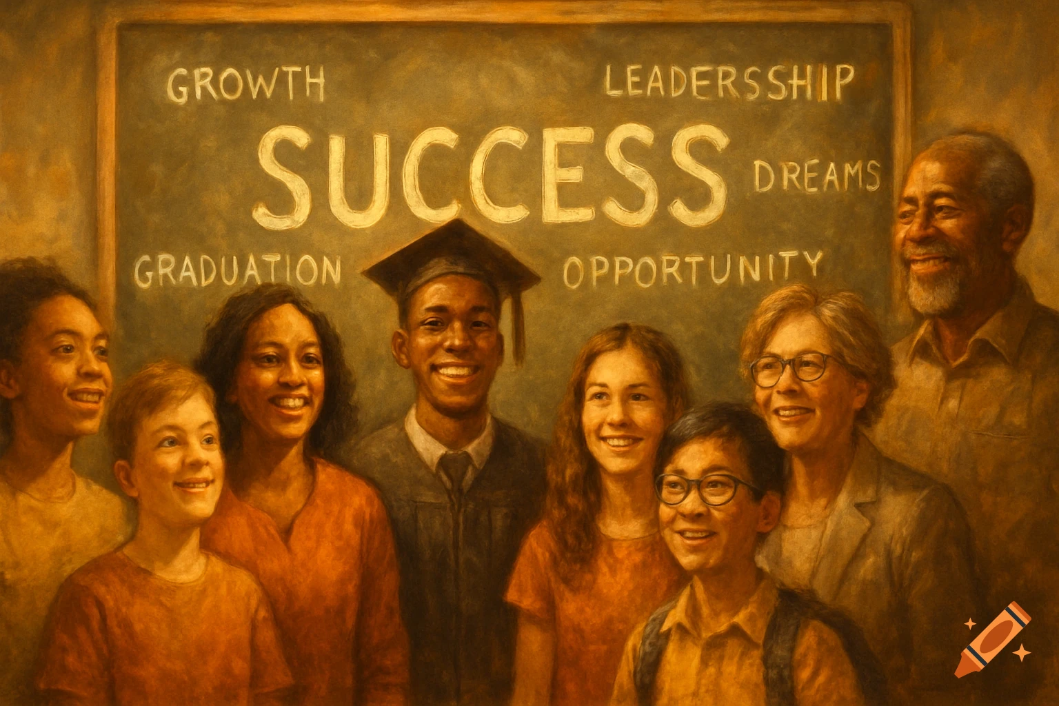 A diverse group of smiling students and adults in front of a chalkboard with words like "SUCCESS", "GROWTH", "GRADUATION", and "DREAMS" in a warm-toned, painted style.
