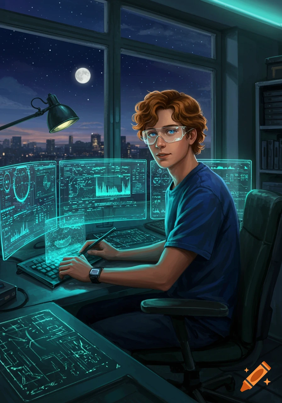Digital illustration of a young man with safety glasses working on multiple glowing holographic computer screens at night, overlooking a city skyline.