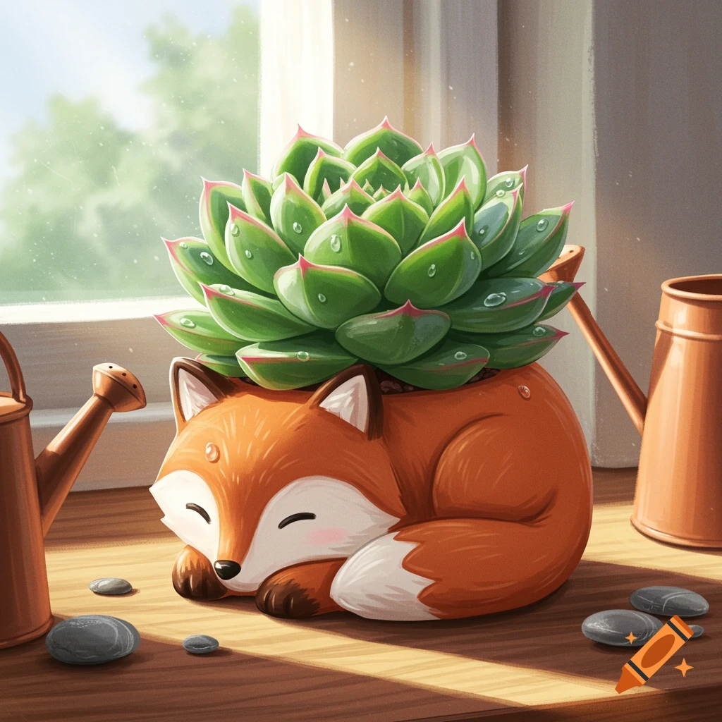 A succulent plant in a cute, orange fox-shaped pot sitting on a wooden surface with small stones and watering cans.