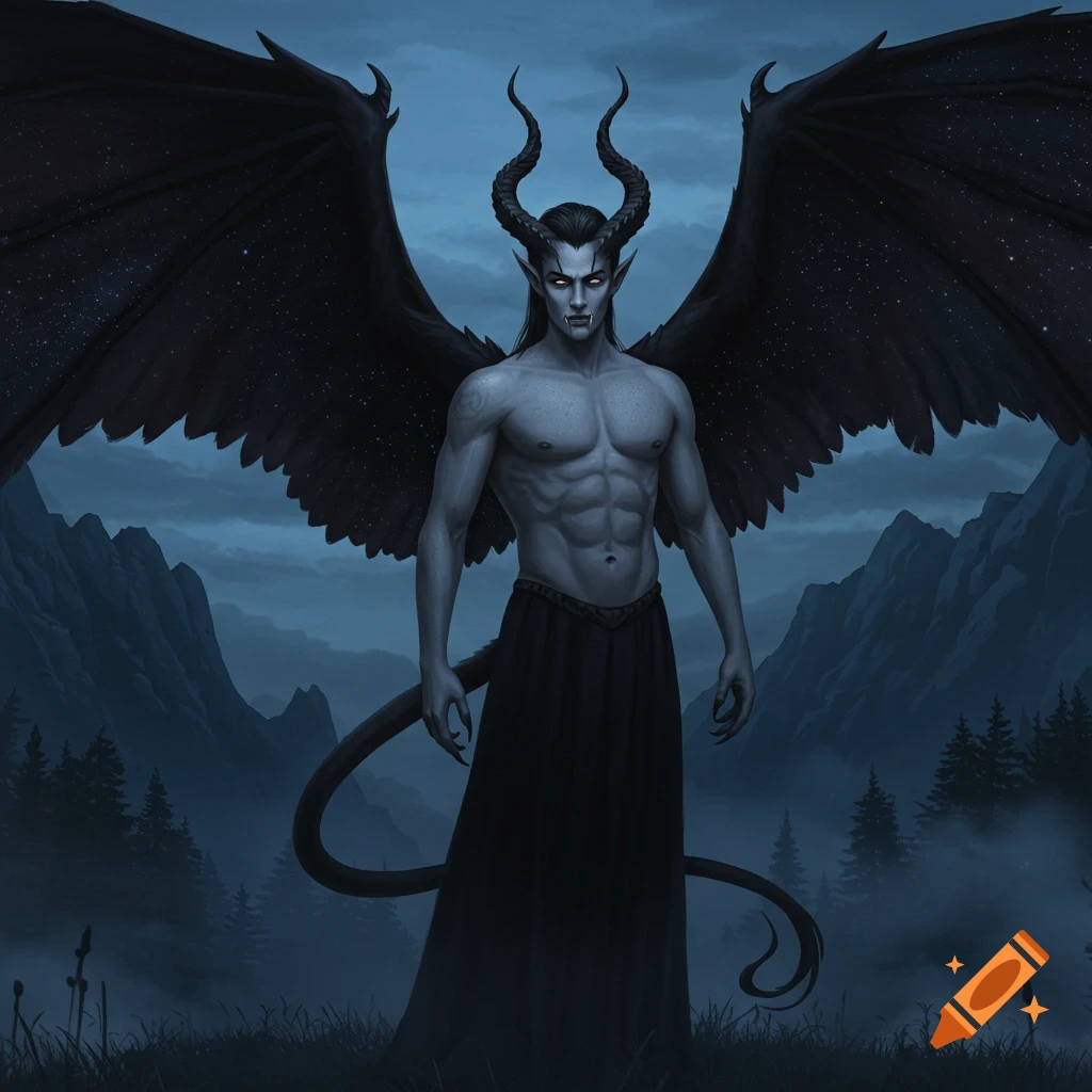 A pale, muscular man with black horns, large starry black wings, and a tail, wearing a dark skirt, stands in a misty, dark mountain landscape.