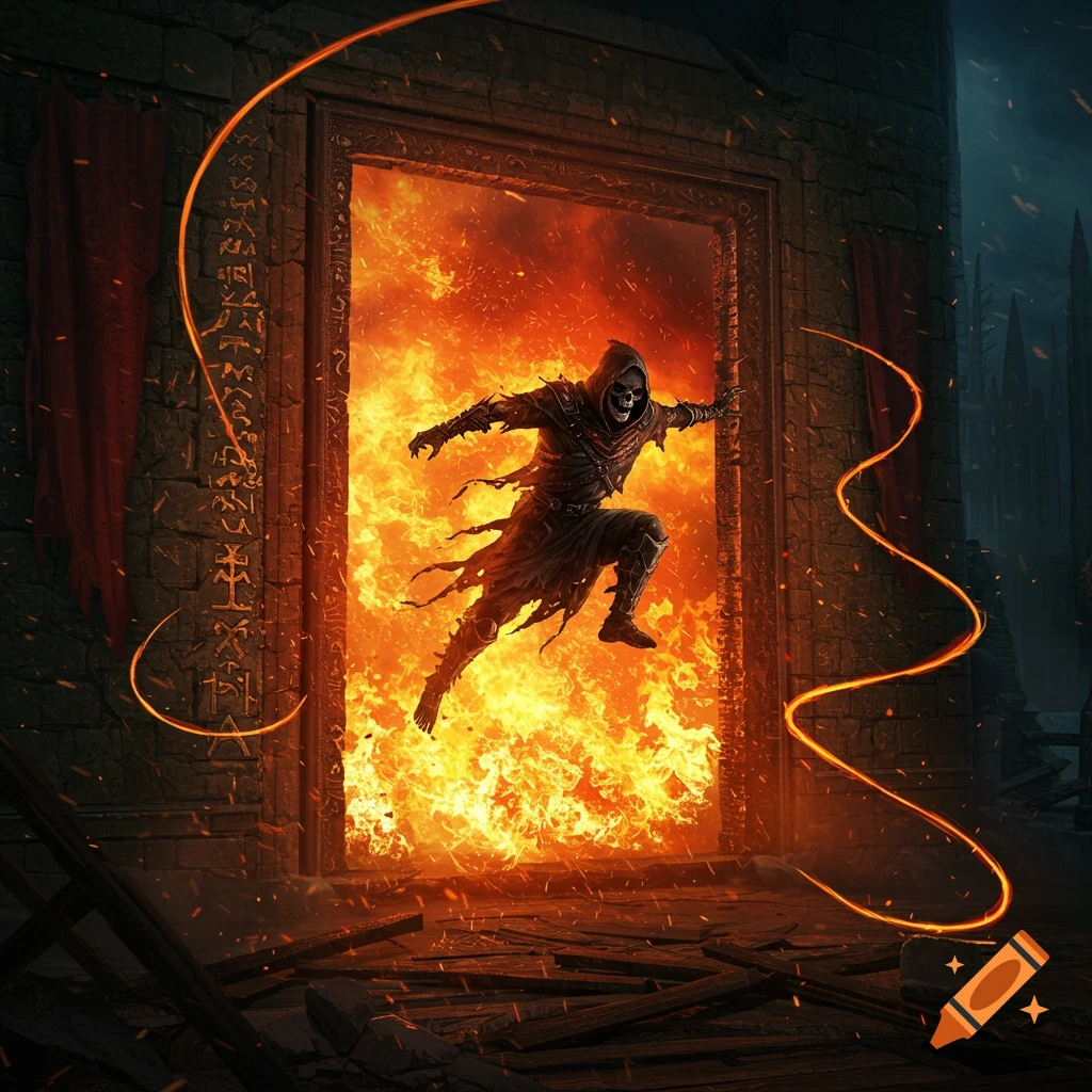 A skeleton figure in ragged robes leaps through a doorway engulfed in roaring orange flames within a dark, crumbling castle.