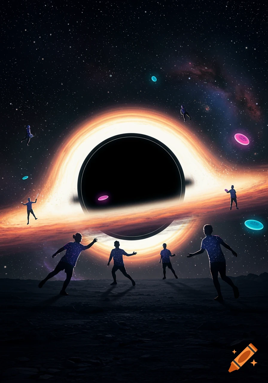 Silhouetted figures play disc golf with glowing frisbees near a swirling orange and white black hole against a starry dark space background.