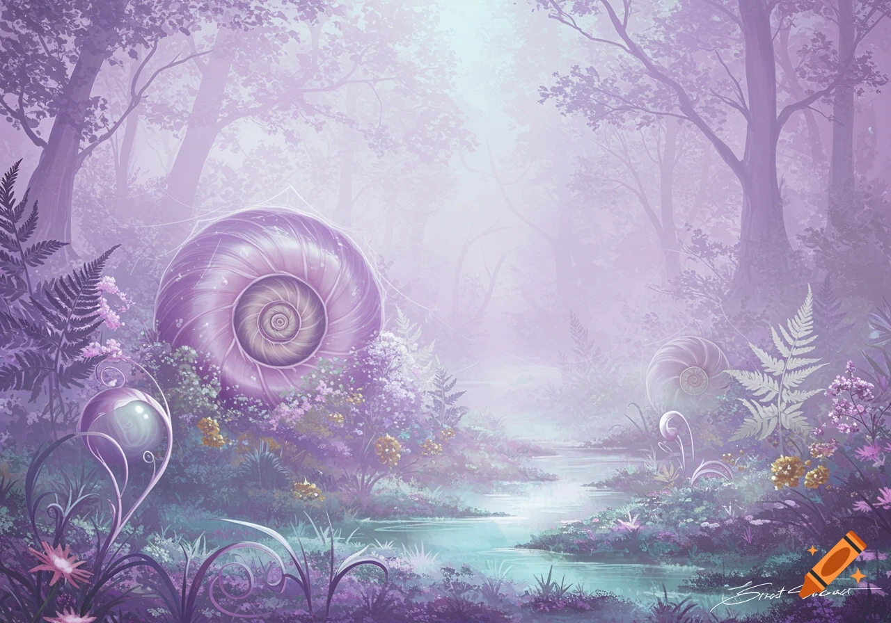 Ethereal purple fantasy forest with large glowing snail shells, vibrant plants, and a winding stream.