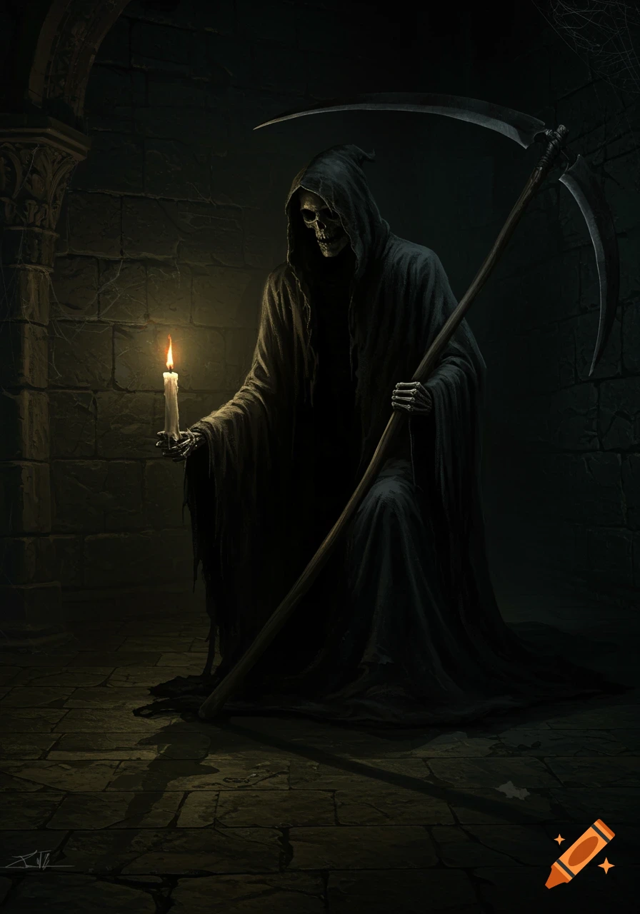 Chiaroscuro oil painting of a cloaked grim reaper holding a scythe and a lit candle in a dark stone chamber.