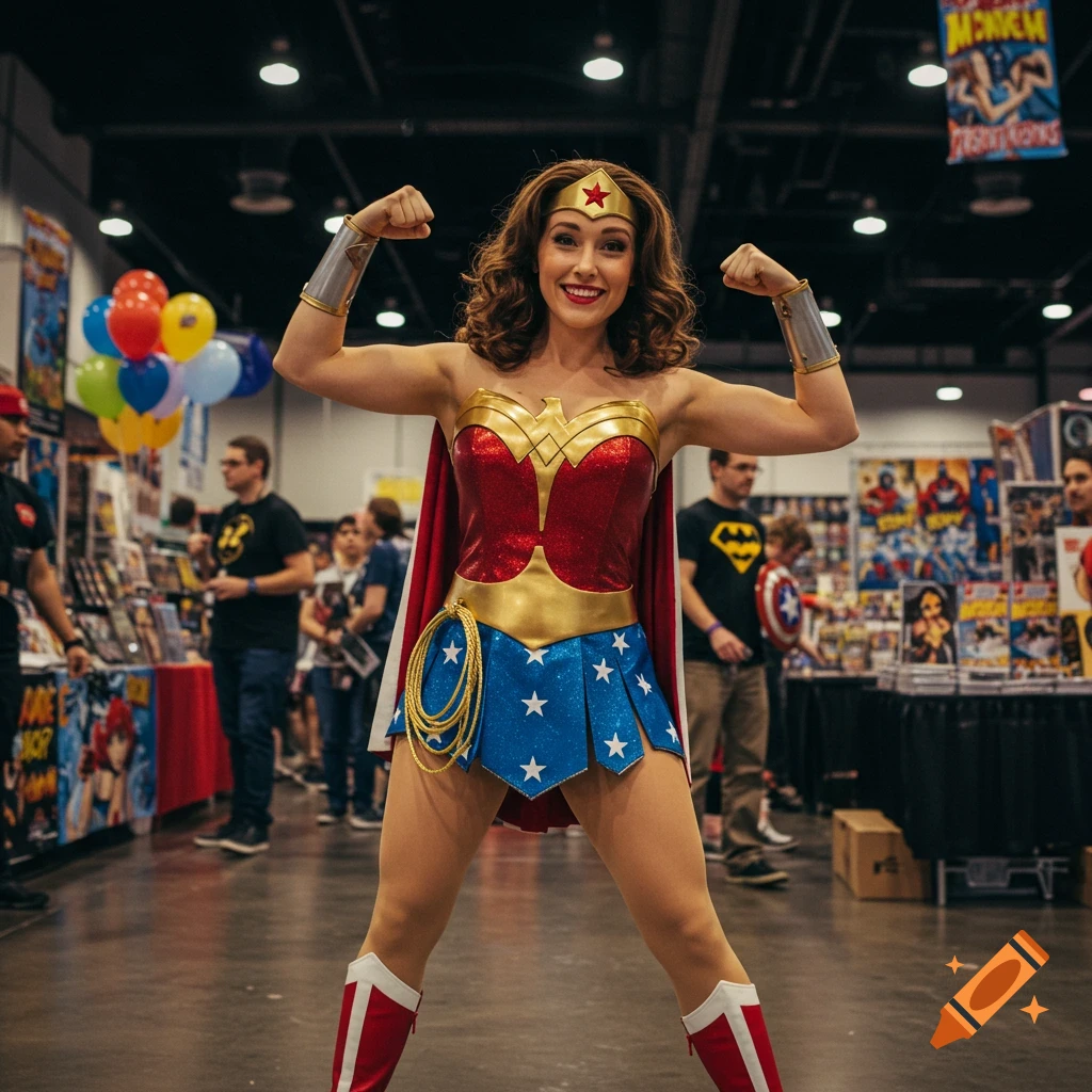 A woman in a Wonder Woman costume flexes her arms and smiles at a busy Comic Con event.