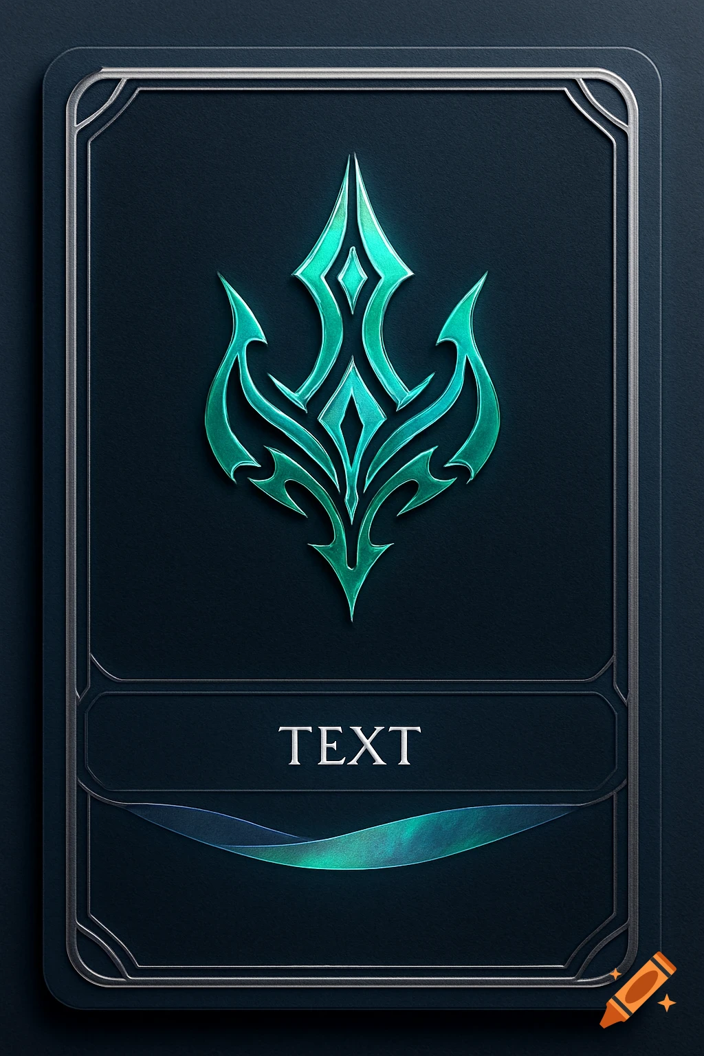 A dark game card template with a glowing teal abstract emblem, the word 'TEXT', and a glowing ribbon at the bottom.