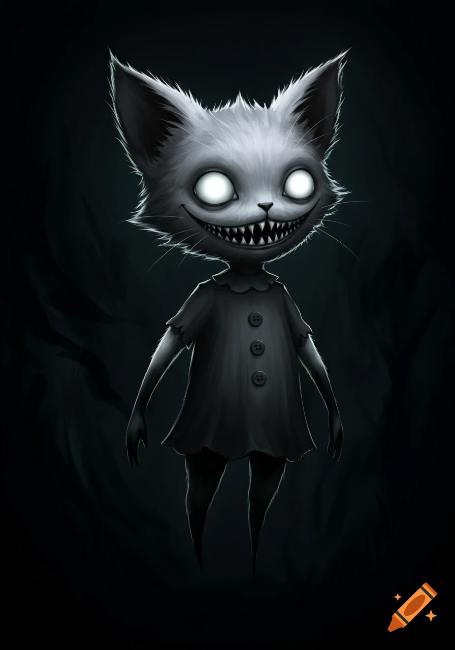 A creepy, grey cat-like creature with glowing white eyes and sharp teeth, wearing a dark dress, against a dark background. Horror art style.