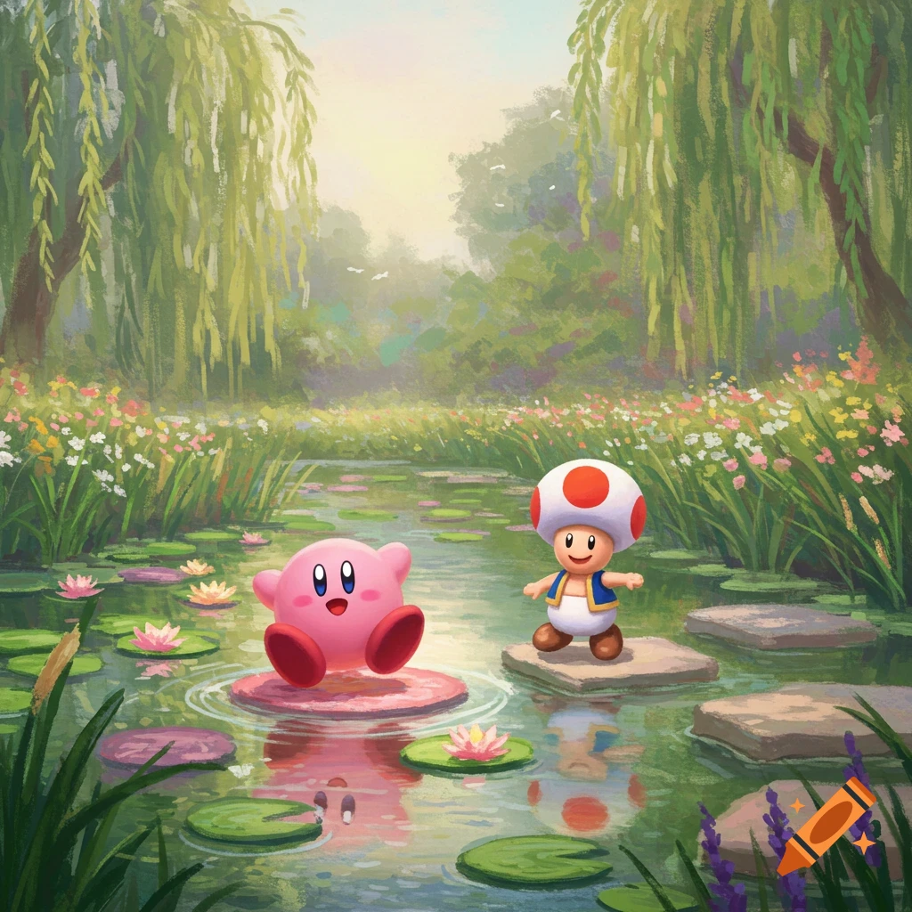Kirby and Toad in a Monet-style painting, standing on lily pads in a pond surrounded by willow trees and flowers.