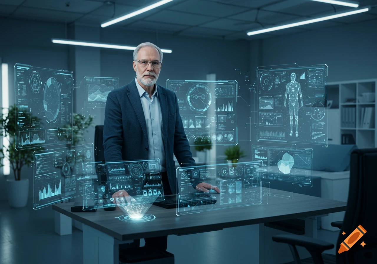 A man in a suit stands in a modern office, interacting with multiple holographic screens displaying data and human anatomy scans. Photorealistic style.