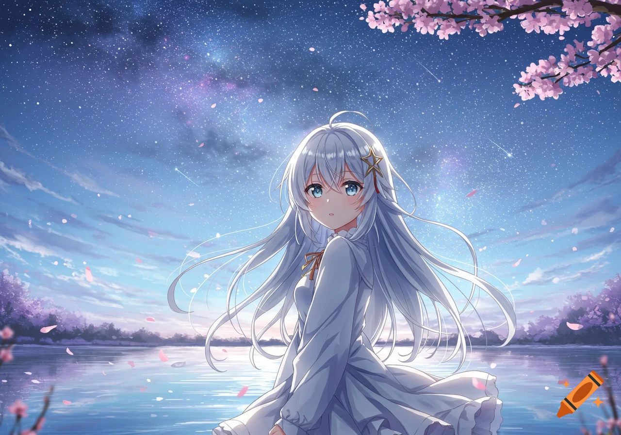 Anime girl with long silver hair and a white dress stands in water under a starry sky with cherry blossoms.