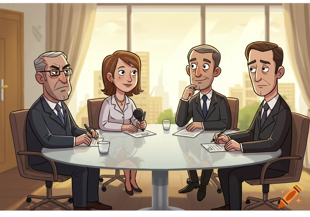 Four cartoon business people sit around a table in a meeting room with large windows.