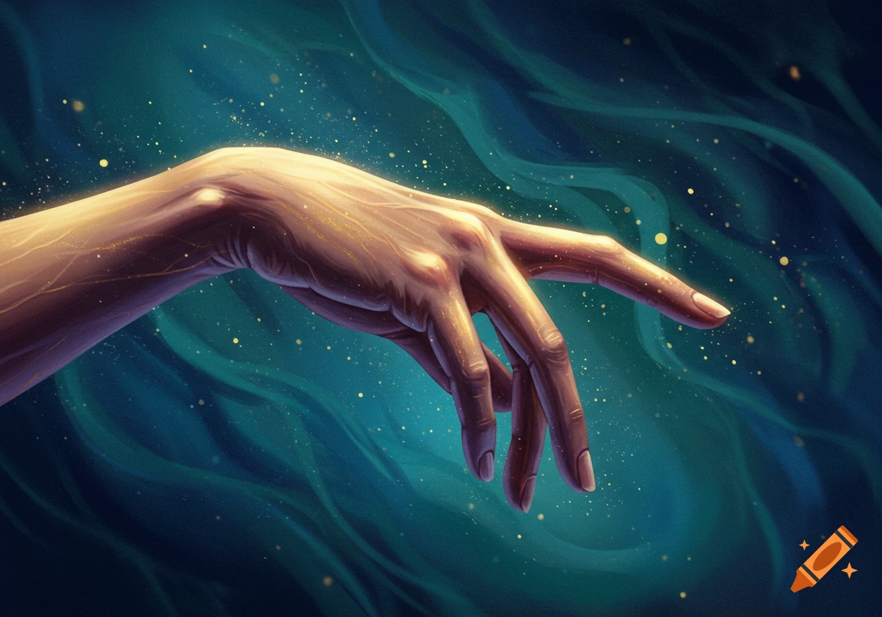 A stylized hand reaching out, glowing with golden particles, set against a dark teal, ethereal background with floating golden specks.