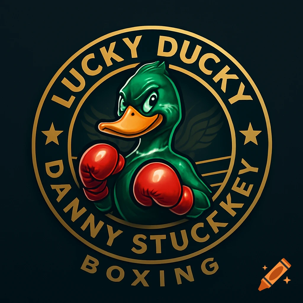 A circular logo of a green cartoon duck in red boxing gloves with gold text 'Lucky Ducky Danny Stuckey Boxing'.