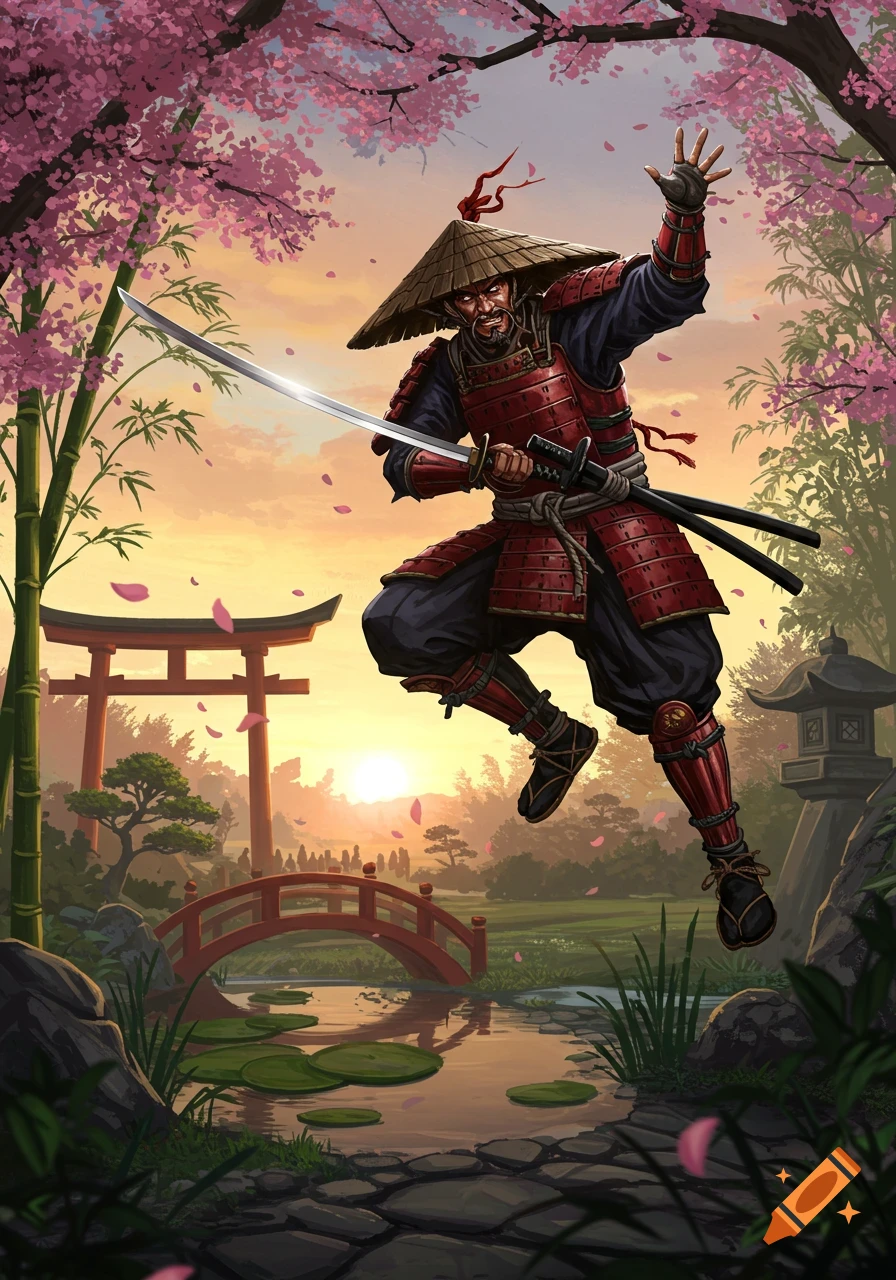 A samurai warrior in red armor leaps with a sword in a vibrant Japanese garden at sunset, with cherry blossoms and a torii gate. Illustrated.