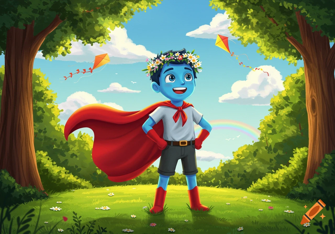 Cartoon illustration of a blue superhero boy with a flower crown standing in a sunny forest clearing with kites and a rainbow.