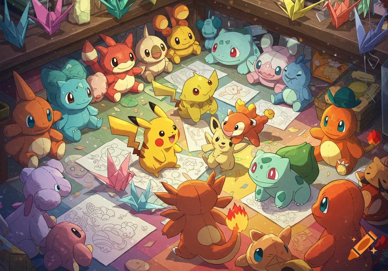 Many cute Pokémon plushies sit on a floor surrounded by origami paper crafts and drawings in a whimsical, illustrated style.