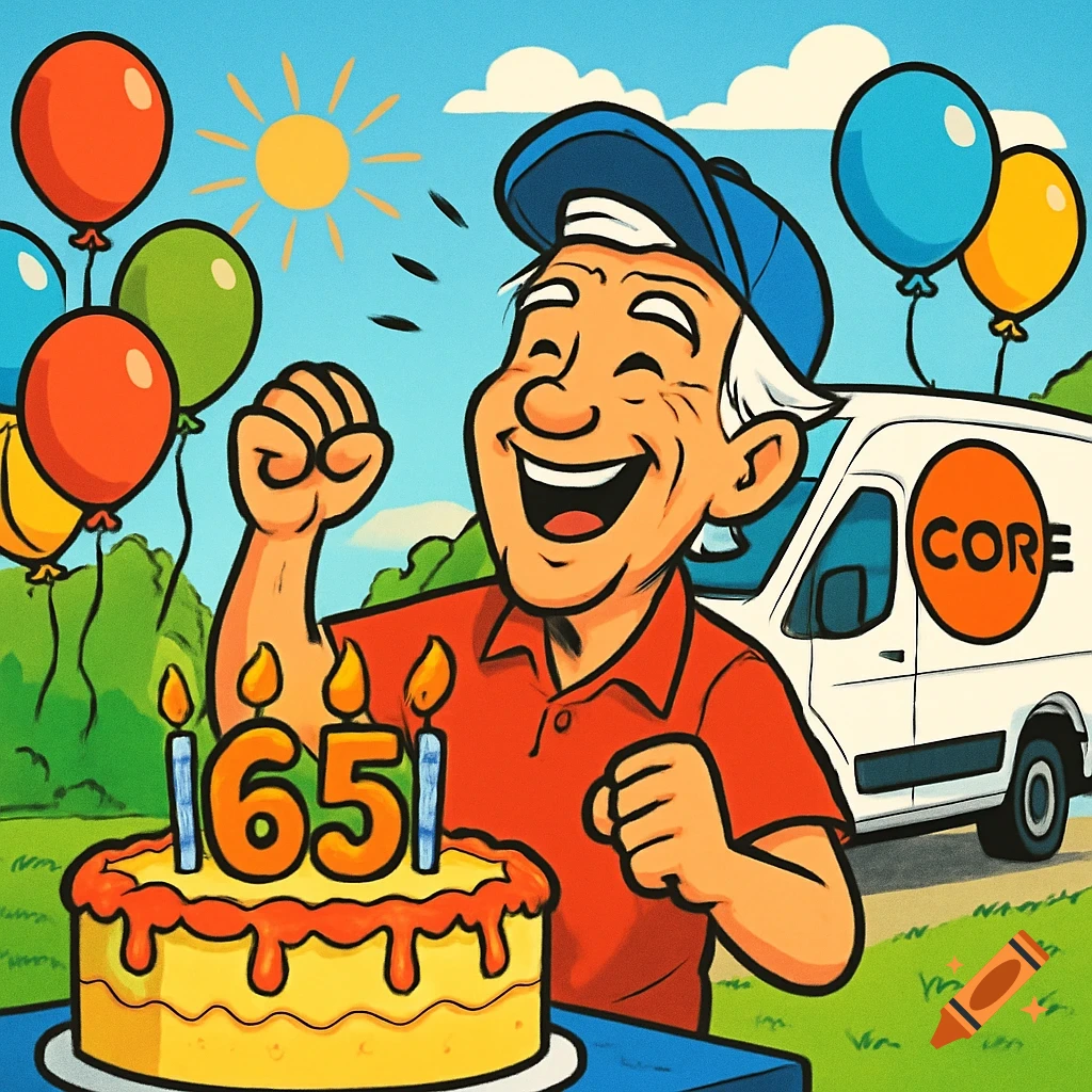 A joyful white man in a baseball cap celebrates his 65th birthday with a cake and balloons, a 'CORE' van in the background, in a cartoon style.