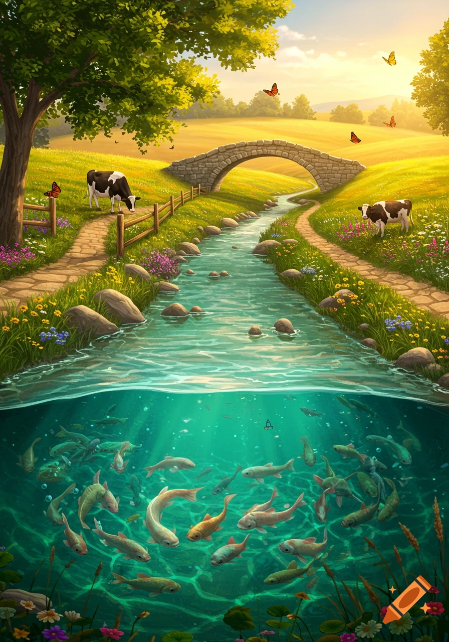 Vibrant illustration of a sunny landscape with a stream, stone bridge, grazing cows, butterflies, and fish underwater.