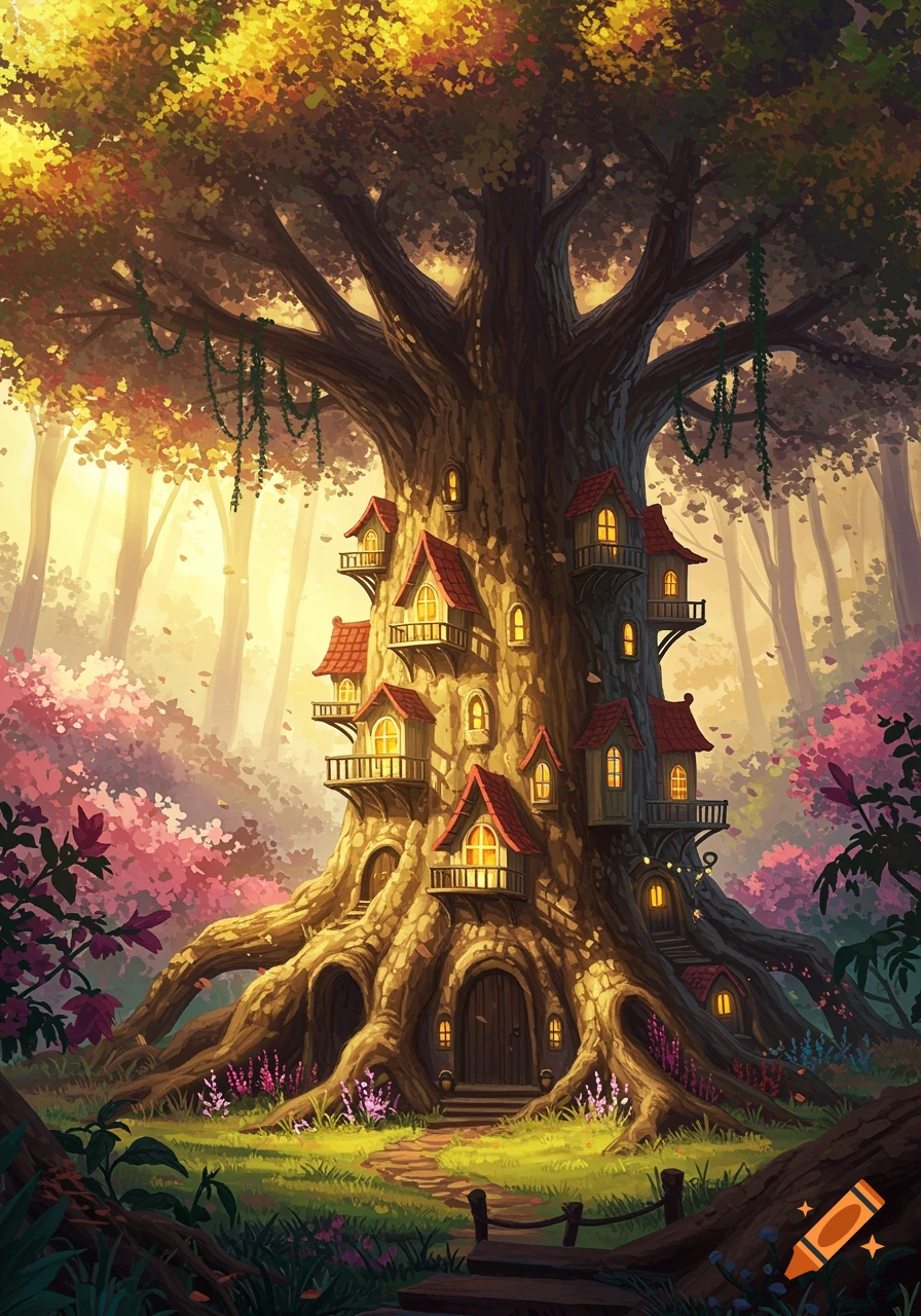 A fantasy illustration of a large, gnarled tree with glowing houses built into its trunk, surrounded by a vibrant, mystical forest.