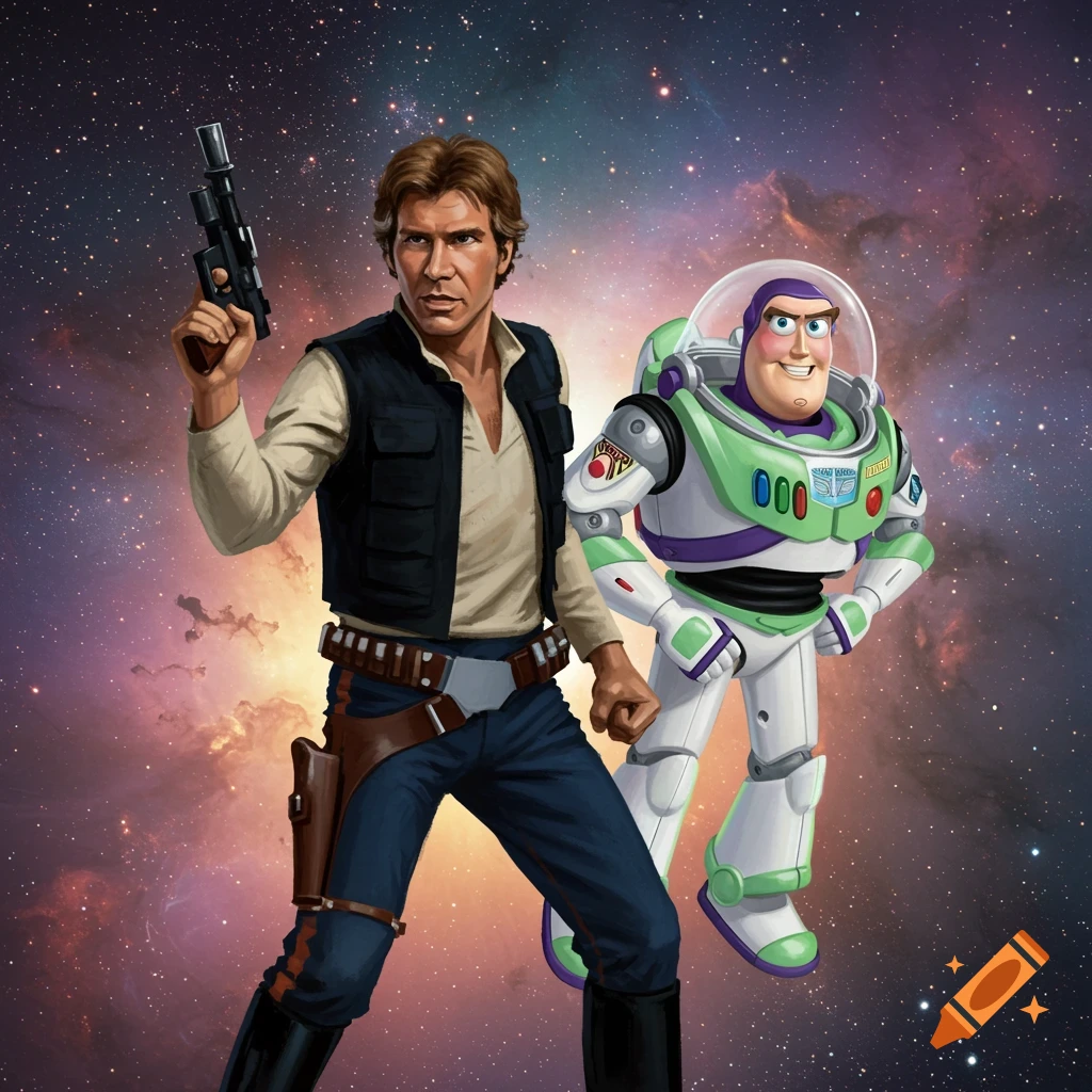 Han Solo from Star Wars stands with a blaster next to Buzz Lightyear from Toy Story against a backdrop of a colorful galaxy.