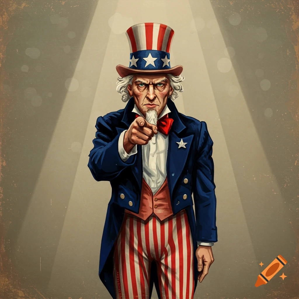 Illustration of Uncle Sam in a red, white, and blue suit and top hat, pointing directly at the viewer with a stern expression.