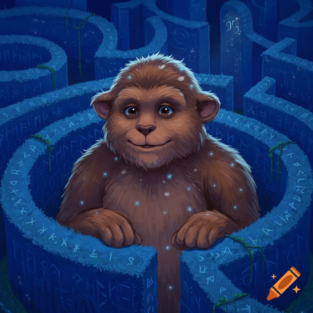 A cute brown furry creature with sparkling fur sits in a mysterious blue labyrinth covered in glowing runes.