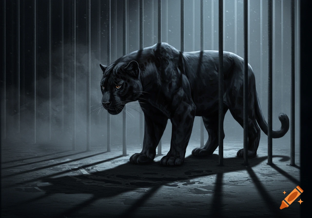 A sad black panther stands behind vertical bars in a dark, misty cage, casting long shadows, in a digital illustration.