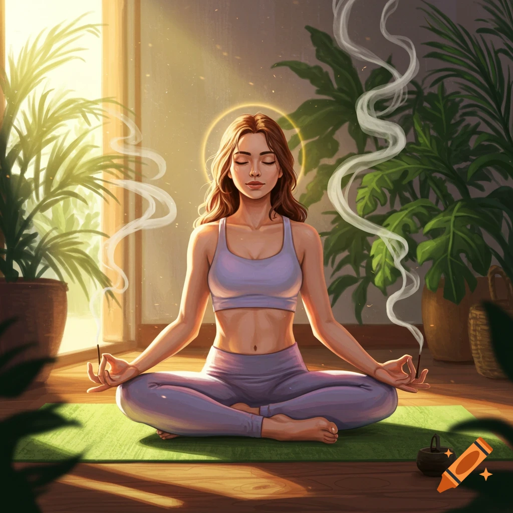 A woman meditating in lotus position on a yoga mat in a sunlit room with plants and rising incense smoke.