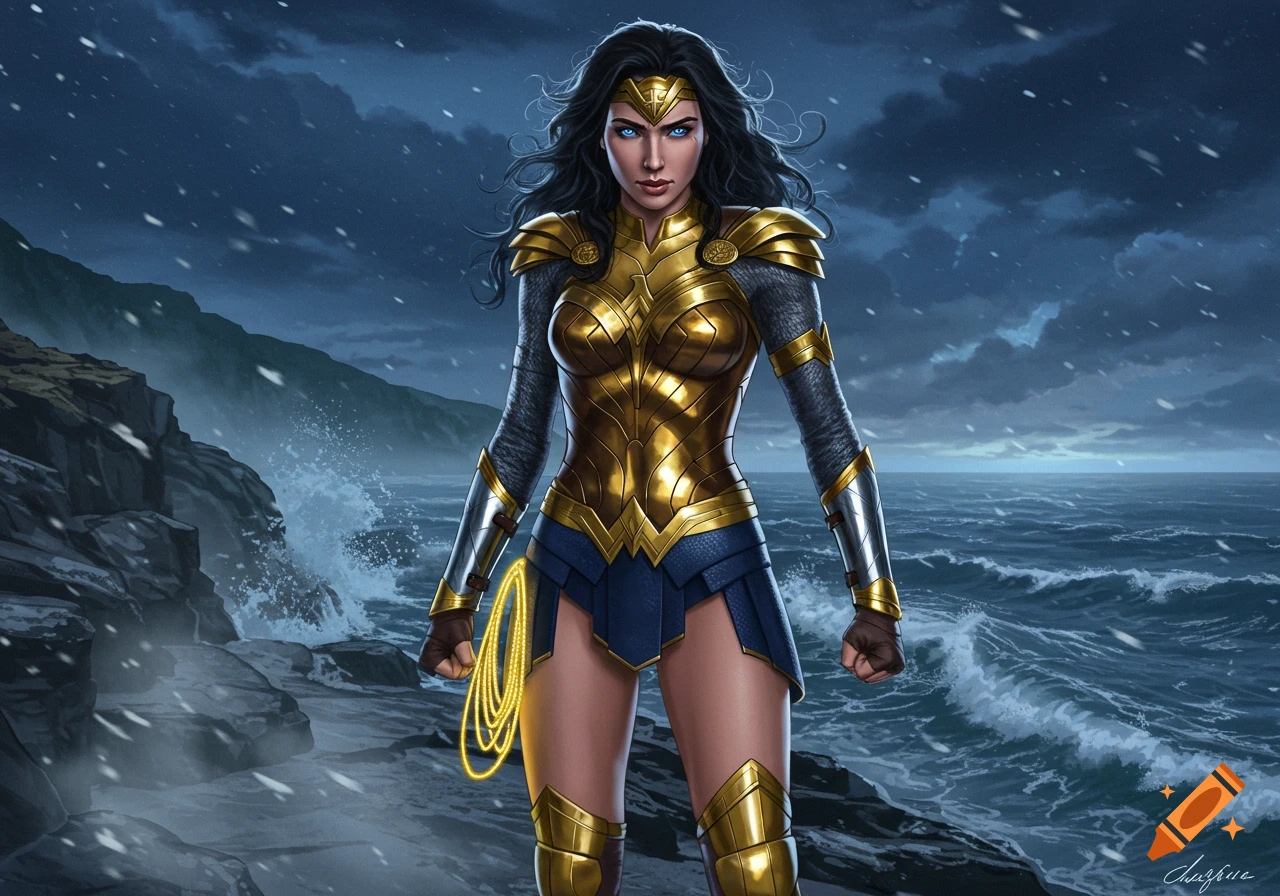 Wonder Woman in golden armor stands on a rocky shore with a stormy sea under a dark sky, holding her lasso.