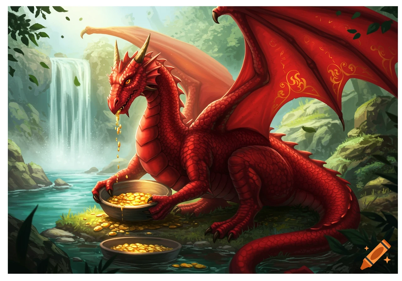 A majestic red dragon sits by a waterfall in a lush forest, holding bowls filled with golden coins, with more coins scattered around.